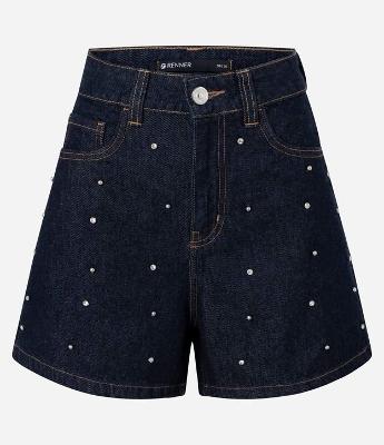 Short Evasê em Jeans com Cintura Alta e Brilhos Aplicados