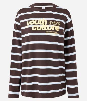 Blusa Listrada em Algodão com Lettering e Manga Longa