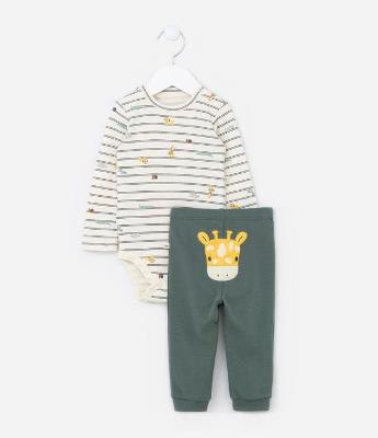 Conjunto Infantil Body Listrado e Calça com Estampa Girafa – Tam RN a 18 Meses