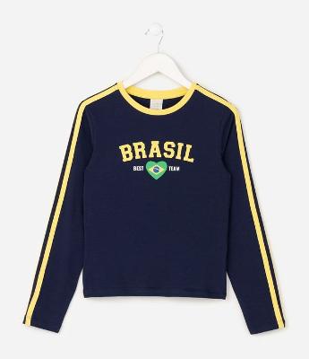 Baby Look Infantil com Lettering Brasil e Listras Contrastantes – Tam 5 a 16 Anos