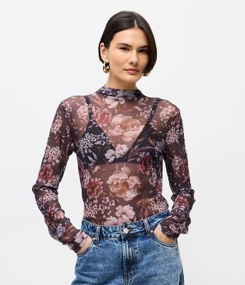 Blusa de Tule Floral Manga Longa