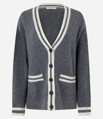 Cardigan Alongado em Tricô com Bolsos e Viés Contrastantes