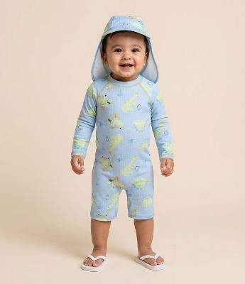 Conjunto Infantil Macaquinho e Chapéu Estampado com Proteção UV – Tam 1 a 12 Meses
