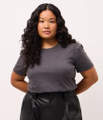 Blusa com Ferraduras de Brilhos Aplicados e Manga Bufante Curve e Plus Size