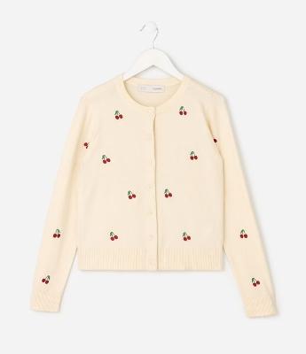 Cardigan Infantil em Tricô com Bordado de Cereja – Tam 5 a 14 Anos