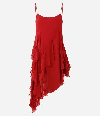Vestido Curto de Alça com Babados Assimétricos