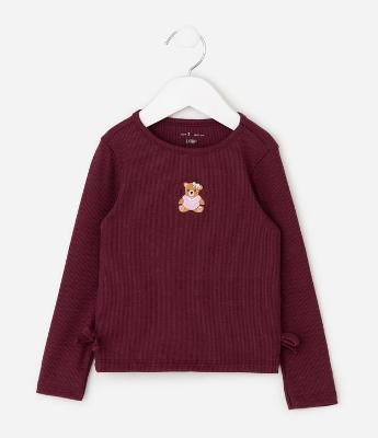 Blusa Infantil Slim com Bordado de Ursinho e Laços Laterais – Tam 1 a 6 Anos