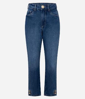 Calça Reta Cropped Jeans com Cintura Alta e Botões na Barra