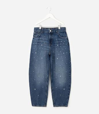 Calça Infantil Baggy em Jeans com Aplicação de Strass – Tam 7 a 16 Anos