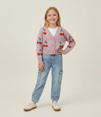 Cardigan Retilínea Jacquard Estampa Cereja - Tam 5 a 14 Anos