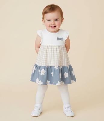 Vestido Infantil com Xadrez Vichy com Flores e Lacinho - Tam 0 a 18 Meses