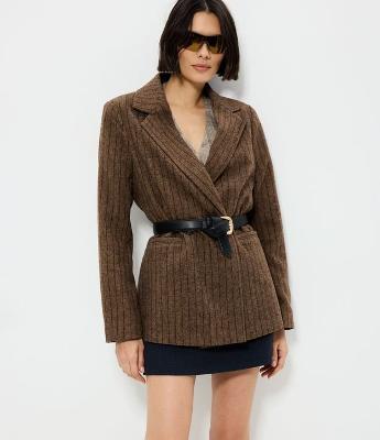 Blazer Alfaiatado em Polivelour com Listras e Botões