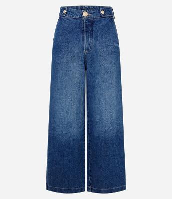 Calça Jeans Wide Cropped com  Cintura Alta