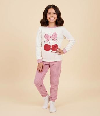 Pijama Infantil Longo com Estampa Laço e Cereja – Tam 4 a 14 Anos