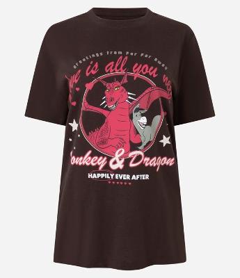 Camiseta em Algodão com Estampa Burro e Dragão Casal Shrek