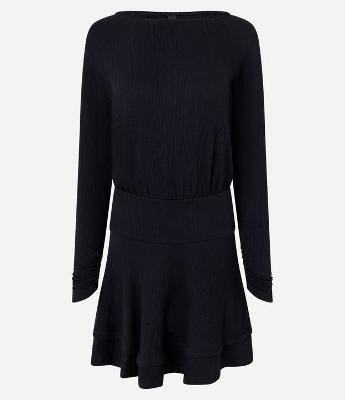 Vestido Curto Evasê em Viscose com Manga Longa e Babados
