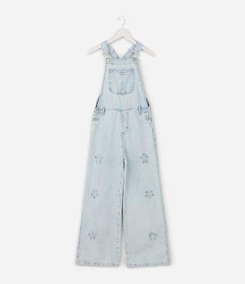 Macacão Wide Infantil em Jeans com Bordado Estrelas – Tam 5 a 14 Anos
