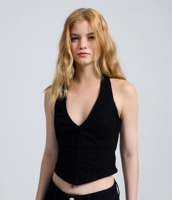Blusa Jeans Frente Única com Decote V