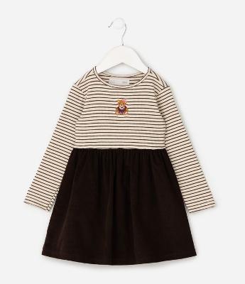 Vestido Slim Evasê Infantil com Veludo Cotelê e Bordado Urso – Tam 1 a 6 Anos