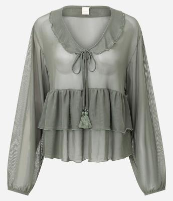 Blusa Bata em Tule com Babados e Amarração Frontal