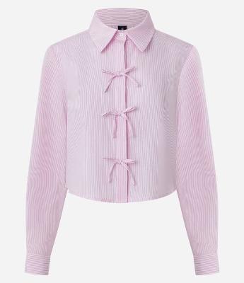 Camisa Cropped em Tricoline Listrado com Amarração em Laços