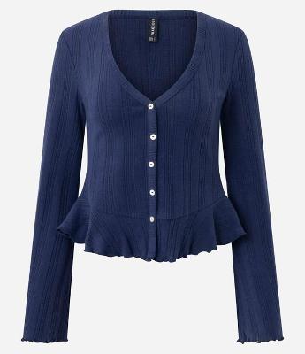 Blusa Peplum em Tricô Texturizado com Abotoamento