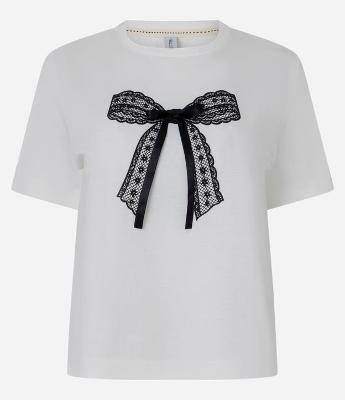 Camiseta Curta em Algodão com Bordado Frontal de Laço