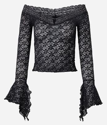 Blusa Manga Flare em Renda com Decote Ombro a Ombro