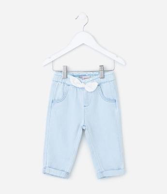 Calça Infantil em Jeans com Cós Elástico e Lacinho – Tam 3 a 18 Meses
