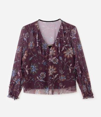 Blusa Tule Floral Manga Longa Curve & Plus Size