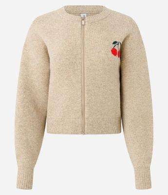 Cardigan em Tricô com Bordado de Cereja e Zíper