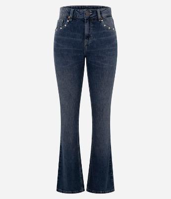 Calça Bootcut em Jeans com Cintura Média e Tachas