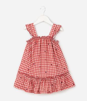 Vestido Evasê Infantil com Estampa Xadrez Vichy e Frutas – Tam 1 a 6 Anos
