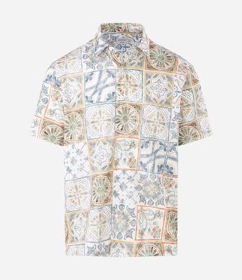 Camisa Masculina Manga Curta Estampa Azulejos Floral