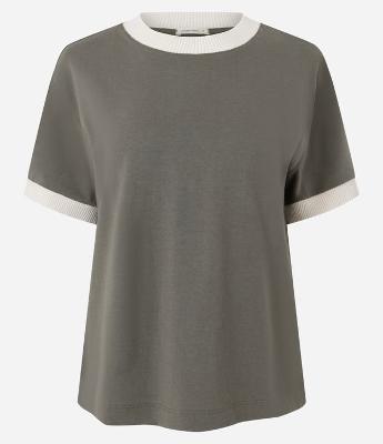 Blusa em Algodão com Gola e Barra das Mangas Contrastante