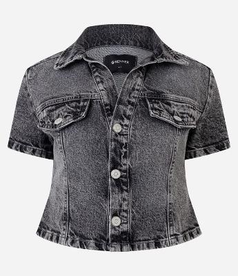 Blusa Acinturada em Jeans Estonado com Recortes