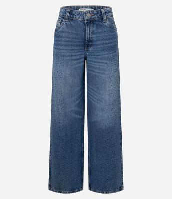 Calça Wide em Jeans com Brilho Lateral e Cintura Baixa
