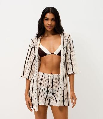 Saída de Praia Kimono em Tricô com Listras Contrastantes