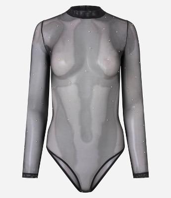 Body Manga Longa em Tule com Aplicação de Pedrarias