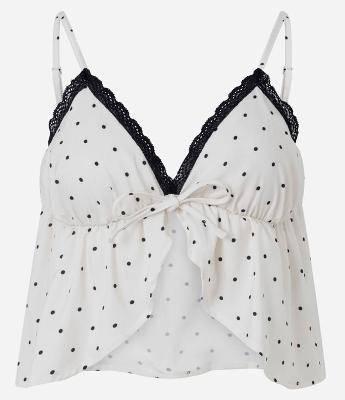 Blusa de Pijama em Cetim com Estampa Poá Abertura Frontal e Renda