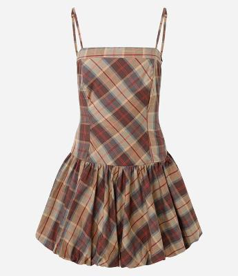 Vestido Curto Balonê em Tricoline Xadrez com Alcinhas