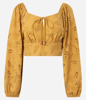 Blusa Cropped em Algodão com Decote Coração e Manga Bufante