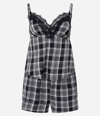Pijama Curto em Viscose com Estampa Xadrez Fio Tinto e Renda