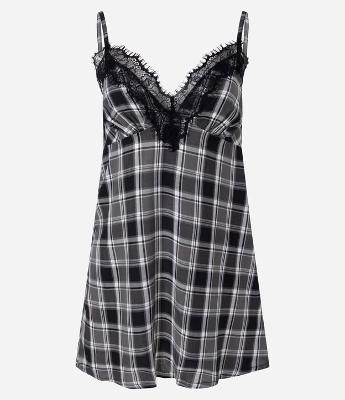 Camisola Curta com Estampa Xadrez Fio Tinto e Renda