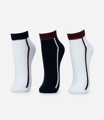 Kit 03 Meias Cano Baixo Esportivas em Algodão com Listras Laterais