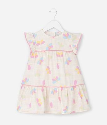 Vestido Infantil com Estampa Borboletas e Pompom – Tam 1 a 6 Anos