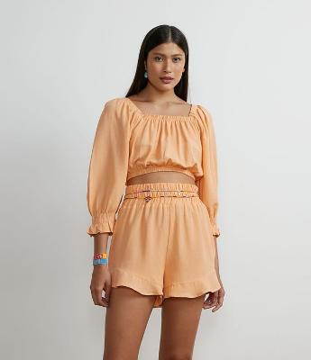 Blusa Cropped em Viscose com Mangas Bufantes e Lastex