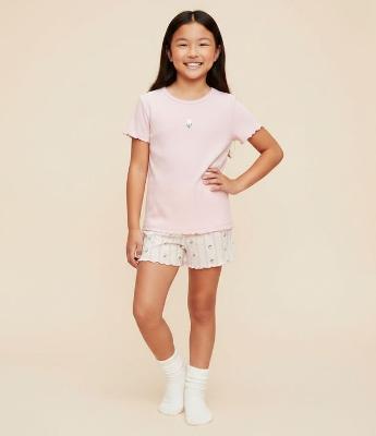 Pijama Curto Infantil em Ribana com Estampa Floral – Tam 5 a 14 Anos