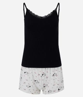 Pijama Curto em Ribana com Renda Snoopy