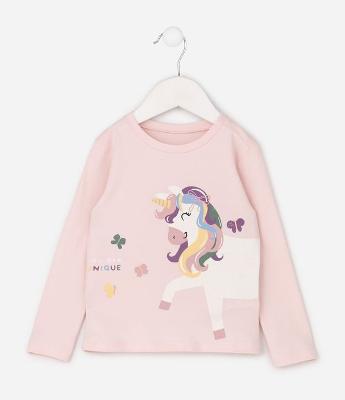 Camiseta Slim Infantil com Estampa Unicórnio com Glitter – Tam 1 a 6 Anos